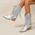 ABODD - Silver Fringe Cowboy Ankle Boots