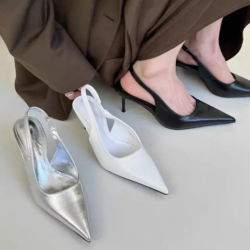 Elegant High Heels Silver Pumps Women Slingbacks Pointed Toe Party Shoes
