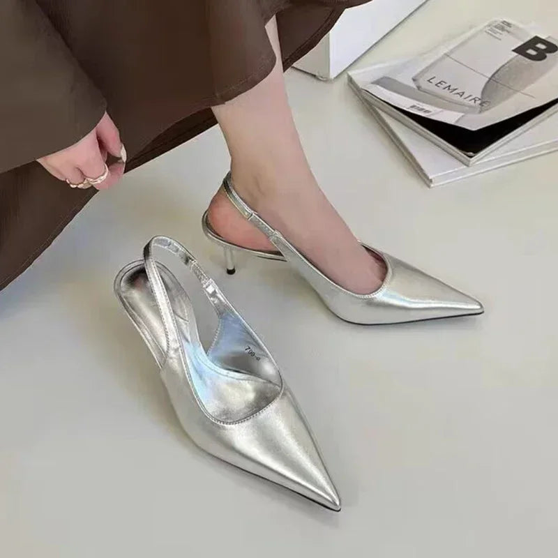 Elegant High Heels Silver Pumps Women Slingbacks Pointed Toe Party Shoes