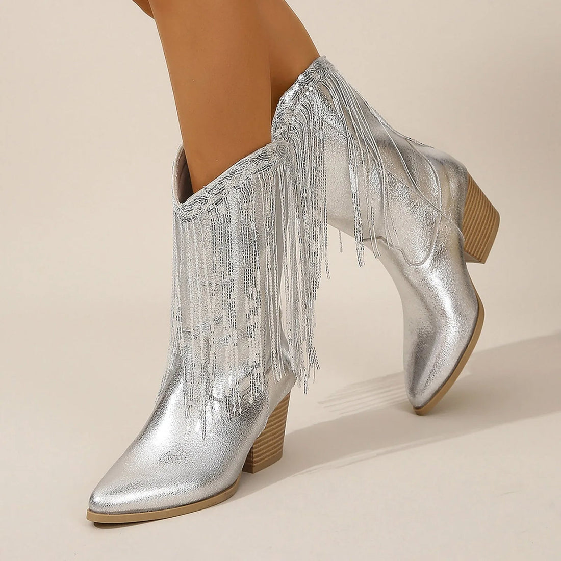 ABODD - Silver Fringe Cowboy Ankle Boots