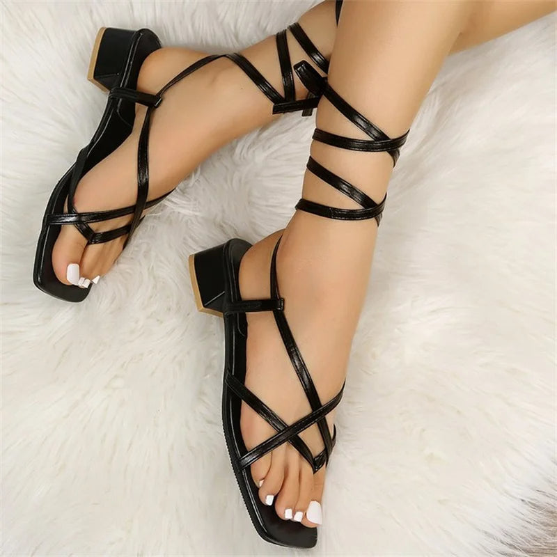 PRYIA - Strappy Lace-Up Block Heel Sandals